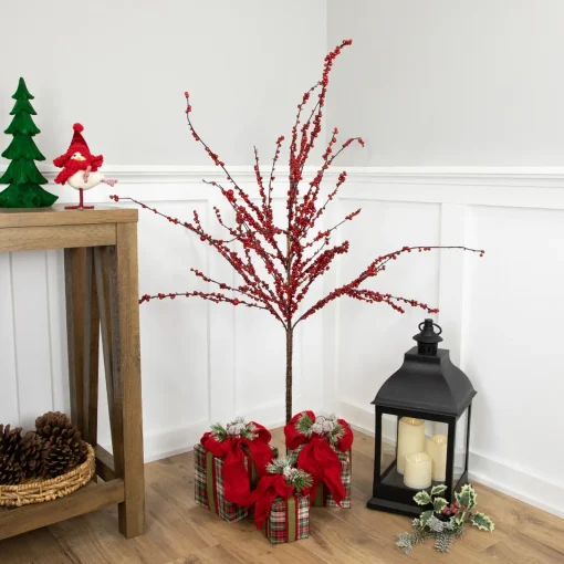 Outlet 50" Artificial Red Berry Christmas Twig Tree with Square Stand, Unlit Twig & Birch