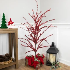 Clearance 5' Artificial Red Berry Christmas Twig Tree, Unlit Twig & Birch