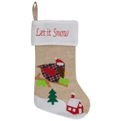 Best 19" Beige and Red Burlap "Let It Snow" Bird Christmas Stocking Stockings