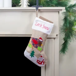 Best 19" Beige and Red Burlap "Let It Snow" Bird Christmas Stocking Stockings