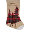 19" Beige and Red Plaid Reindeer With Forest Trees Christmas Stocking Stockings
