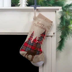 19" Beige and Red Plaid Reindeer With Forest Trees Christmas Stocking Stockings