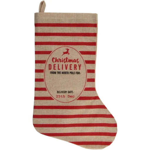 Outlet 19" Beige and Red Striped "Christmas Delivery" Stocking With Loop Stockings