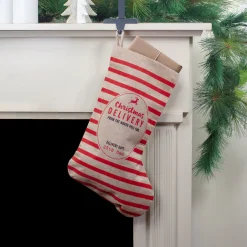 Outlet 19" Beige and Red Striped "Christmas Delivery" Stocking With Loop Stockings