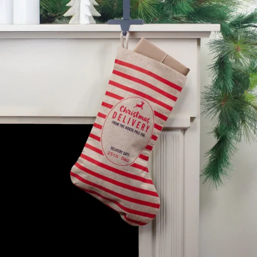 Outlet 19" Beige and Red Striped "Christmas Delivery" Stocking With Loop Stockings