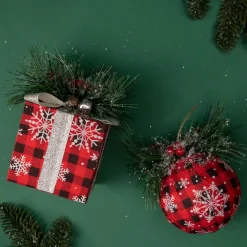 Online 5.5" Black and Red Buffalo Plaid Snowflake Christmas Ball Ornament Glass|Ball Ornaments
