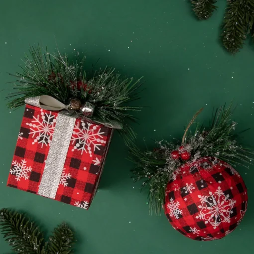 Online 5.5" Black and Red Buffalo Plaid Snowflake Christmas Ball Ornament Glass|Ball Ornaments