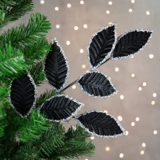 Best 26" Black and Silver Sequin Leaves Christmas Spray Sprays, Picks & Branches