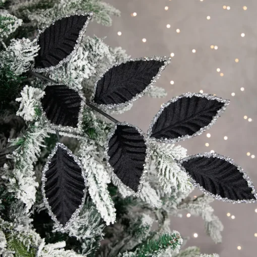 Best 26" Black and Silver Sequin Leaves Christmas Spray Sprays, Picks & Branches