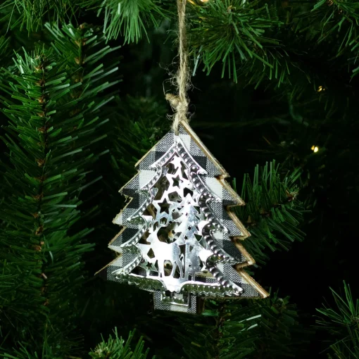 Clearance 4" Black and White Buffalo Plaid Christmas Tree with Reindeer Ornament Garden & Floral
