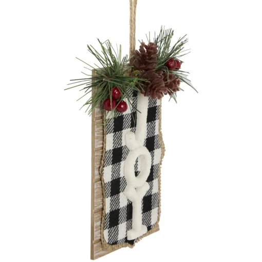 New 4.75" Black and White Buffalo Plaid "Joy" Pinecone Christmas Sign Ornament Novelty