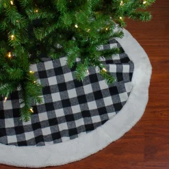 Online 48" Black and White Buffalo Plaid Christmas Tree Skirt with High Pile Fleece Trim Cloth|Metal
