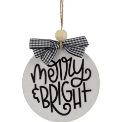 New 4" Black and White Merry & Bright Christmas Disc Wooden Ornament with Plaid Bow Disk Ornaments