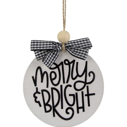 New 4" Black and White Merry & Bright Christmas Disc Wooden Ornament with Plaid Bow Disk Ornaments