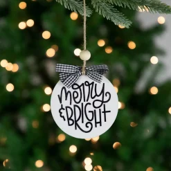 New 4" Black and White Merry & Bright Christmas Disc Wooden Ornament with Plaid Bow Disk Ornaments