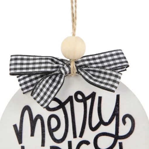 New 4" Black and White Merry & Bright Christmas Disc Wooden Ornament with Plaid Bow Disk Ornaments