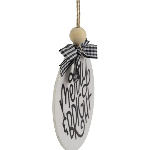 New 4" Black and White Merry & Bright Christmas Disc Wooden Ornament with Plaid Bow Disk Ornaments
