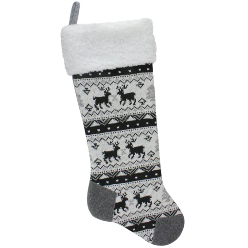 Outlet 21" Black, Gray and White Rustic Lodge Knit Christmas Stocking with High Pile Fleece Cuff Stockings