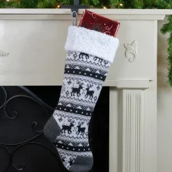 Outlet 21" Black, Gray and White Rustic Lodge Knit Christmas Stocking with High Pile Fleece Cuff Stockings