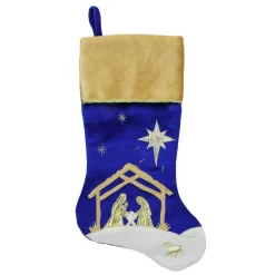 Sale 20.5" Blue and Gold Nativity Scene Christmas Stocking with Gold Cuff Stockings