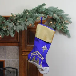 Sale 20.5" Blue and Gold Nativity Scene Christmas Stocking with Gold Cuff Stockings