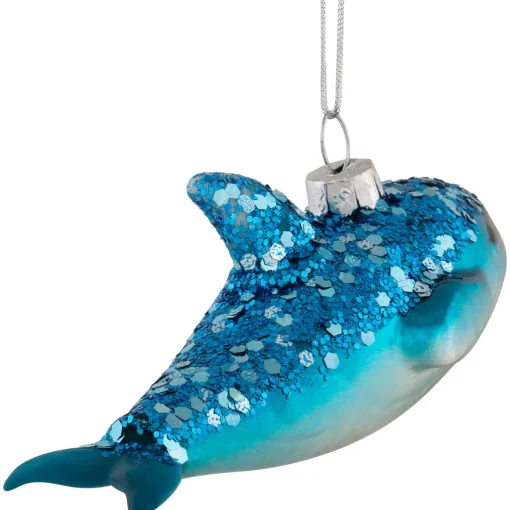 Outlet 4.75" Blue Dolphin Glittered Glass Christmas Hanging Ornament Animals