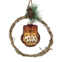 Hot 5.25" Brown Glass Owl in a Twig Wreath Christmas Ornament Animals