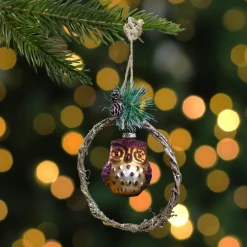 Hot 5.25" Brown Glass Owl in a Twig Wreath Christmas Ornament Animals