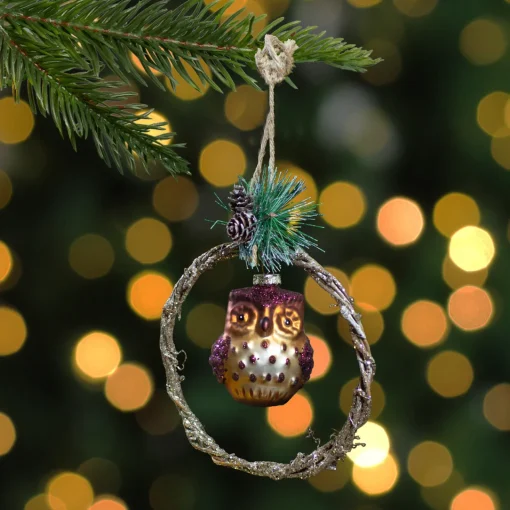 Hot 5.25" Brown Glass Owl in a Twig Wreath Christmas Ornament Animals