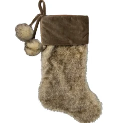 Sale 20.5" Brown Plush Christmas Stocking with Corduroy Cuff and Pom Poms Stockings