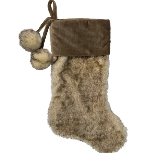 Sale 20.5" Brown Plush Christmas Stocking with Corduroy Cuff and Pom Poms Stockings