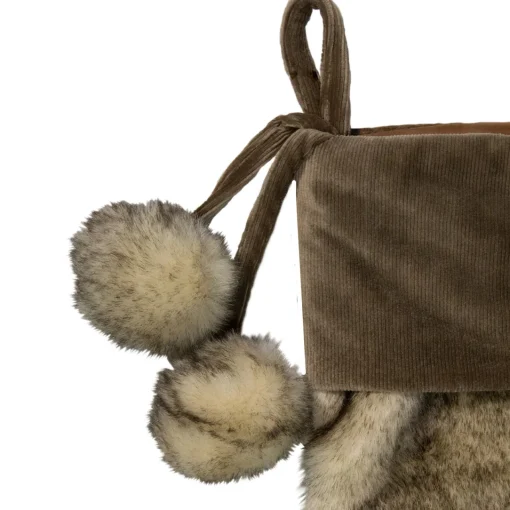Sale 20.5" Brown Plush Christmas Stocking with Corduroy Cuff and Pom Poms Stockings