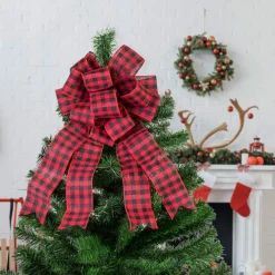 Outlet 19" Buffalo Plaid Print 14 Loop Christmas Bow Tree Topper Stars