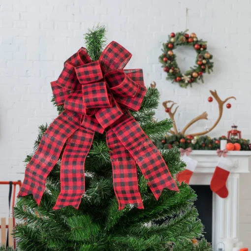 Outlet 19" Buffalo Plaid Print 14 Loop Christmas Bow Tree Topper Stars