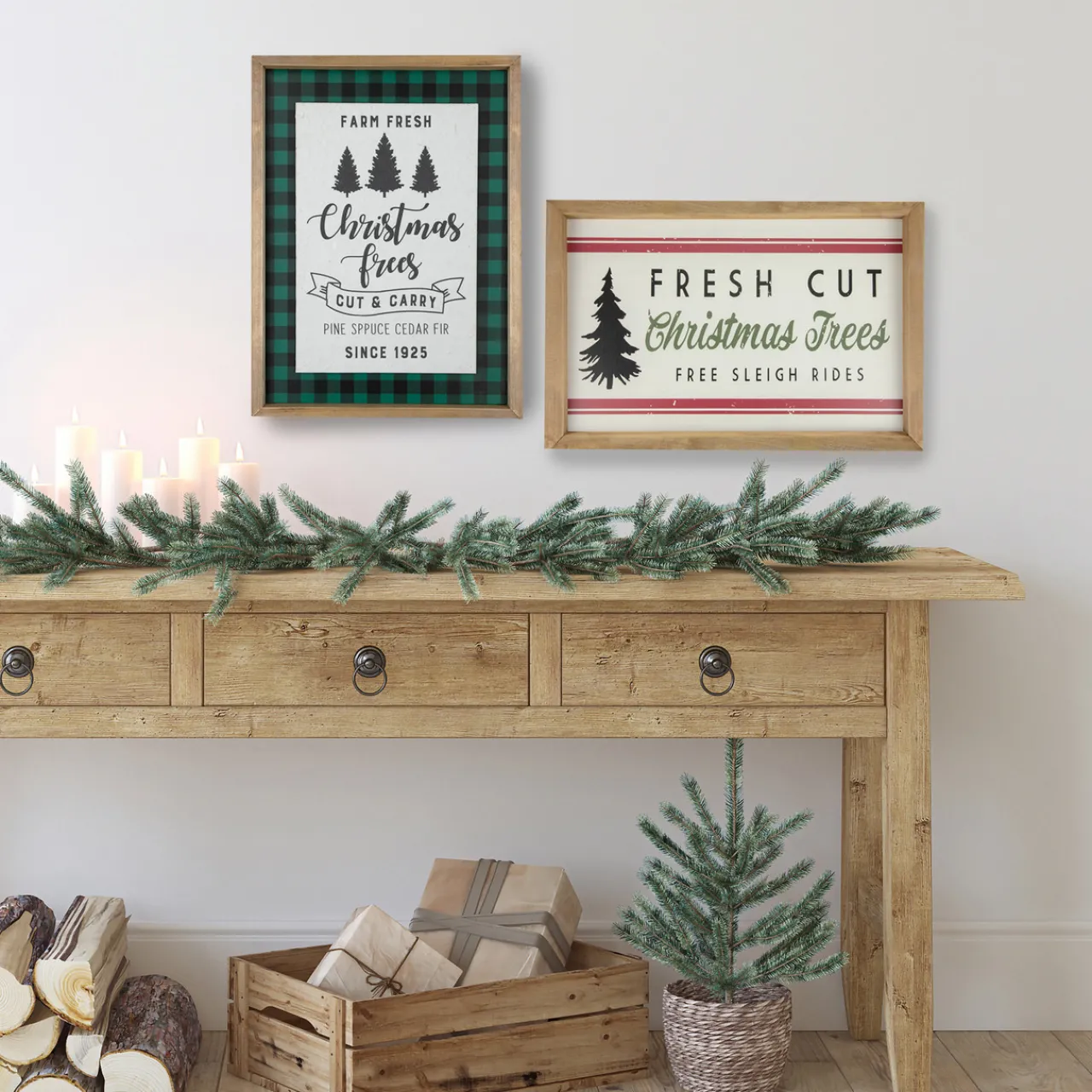 Clearance 16" Buffalo Plaid Wooden Framed "Farm Fresh Christmas Trees" Wall Decor Wall