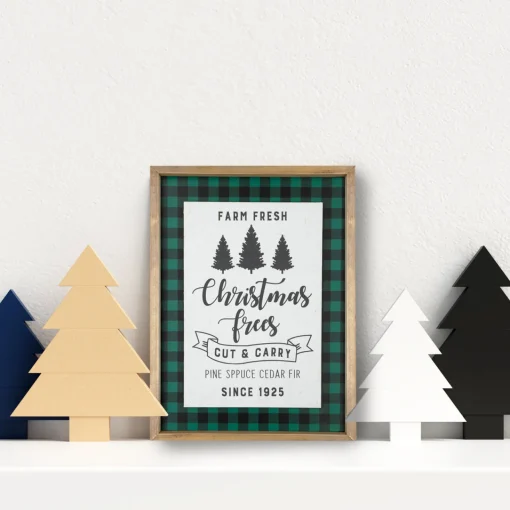 Clearance 16" Buffalo Plaid Wooden Framed "Farm Fresh Christmas Trees" Wall Decor Wall