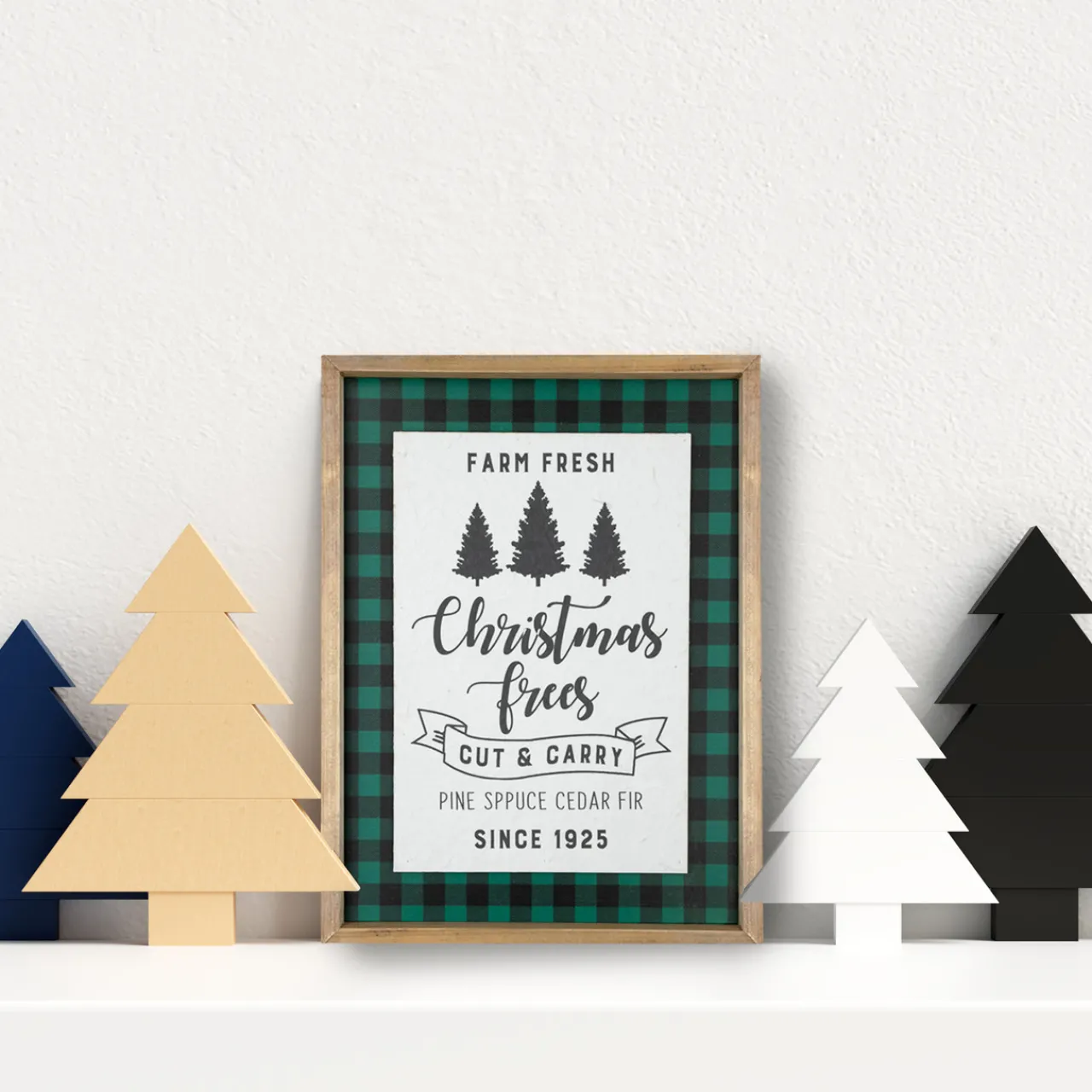 Clearance 16" Buffalo Plaid Wooden Framed "Farm Fresh Christmas Trees" Wall Decor Wall