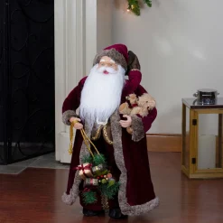 Outlet 24" Burgundy Santa Claus with Teddy Bear Christmas Figure Santa Claus