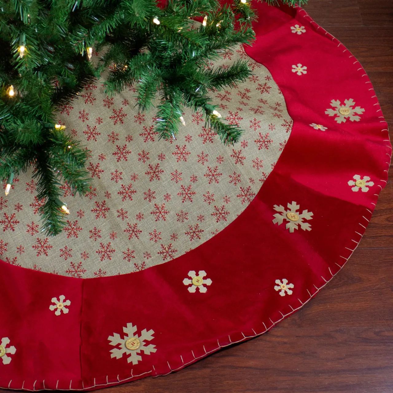 Clearance 60" Burlap Glittered Snowflake Rustic Christmas Tree Skirt with Red Velvet Trim Cloth|Metal