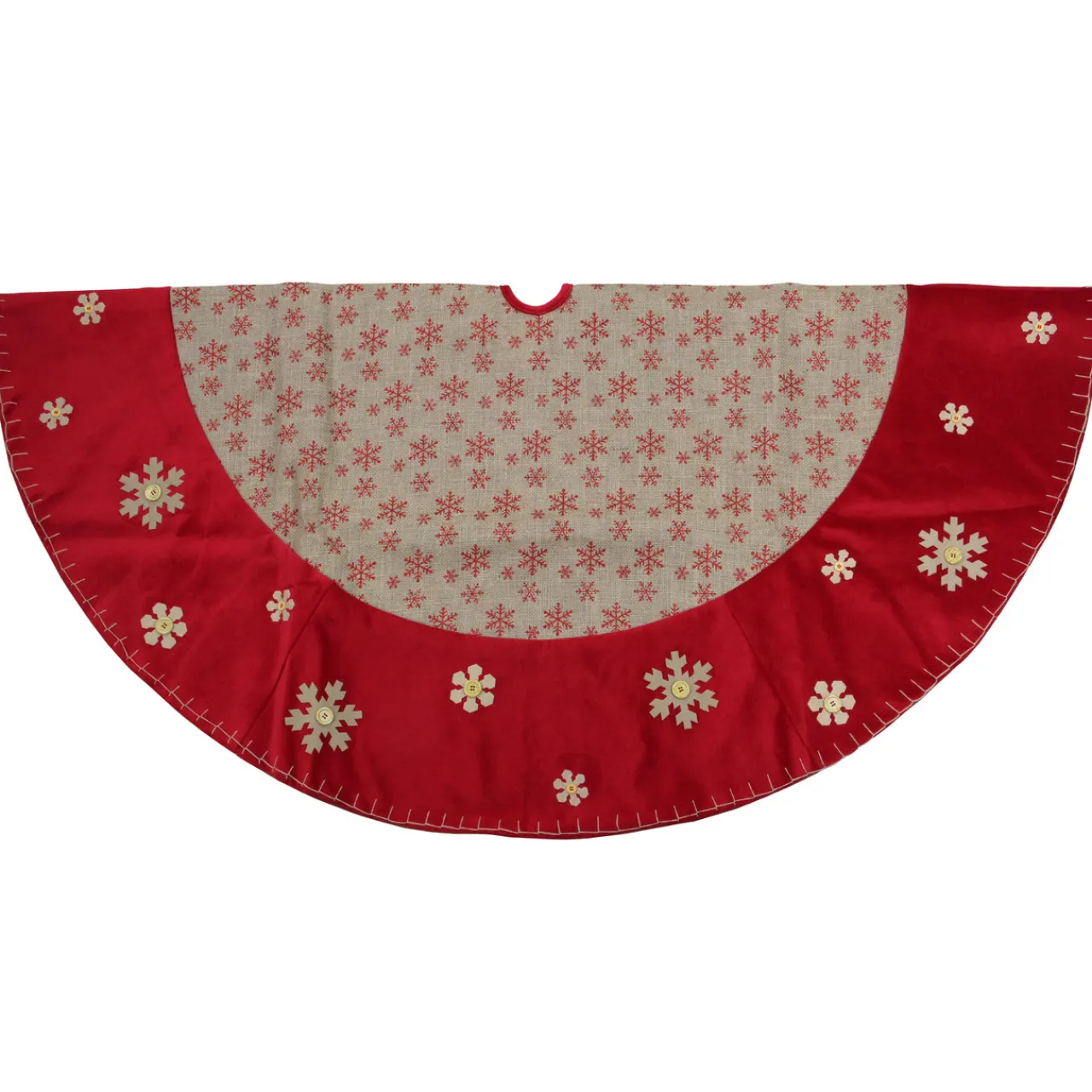 Clearance 60" Burlap Glittered Snowflake Rustic Christmas Tree Skirt with Red Velvet Trim Cloth|Metal