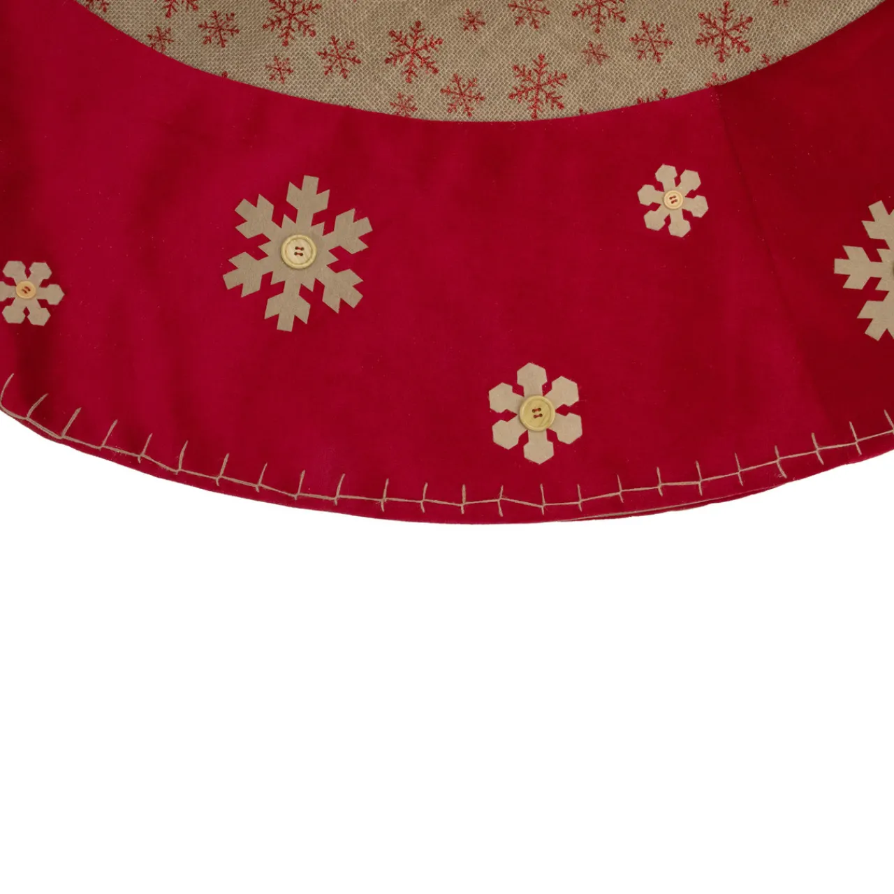 Clearance 60" Burlap Glittered Snowflake Rustic Christmas Tree Skirt with Red Velvet Trim Cloth|Metal