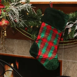 19" Christmas Traditions Green, Red and Gold Woven Plaid and Velvet Stocking Stockings