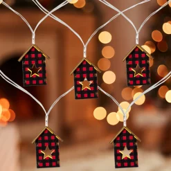 Online 10 Count B/O LED Warm White Plaid House Christmas Lights - 4.75' Clear Wire Battery Operated