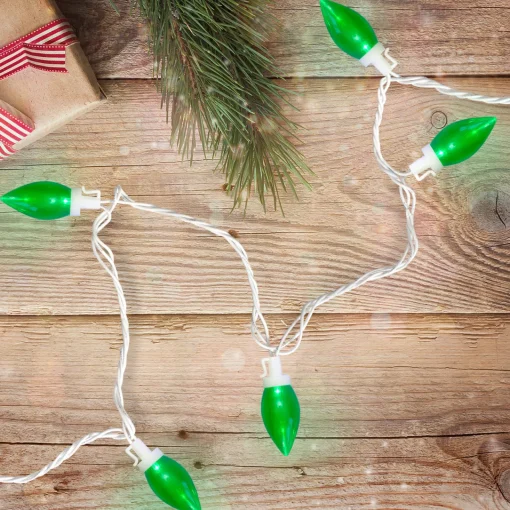 25 Count Green LED C9 Christmas Lights, 16 ft White Wire C7 & C9 Lights