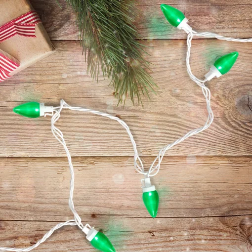 Sale 25 Count Green LED C7 Christmas Lights, 16 ft White Wire C7 & C9 Lights