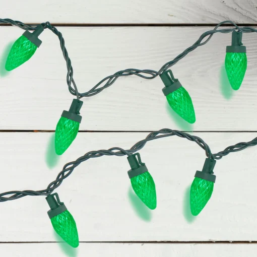 Sale 50 Count Green LED C7 Faceted Christmas Lights, 20.25 ft Green Wire C7 & C9 Lights
