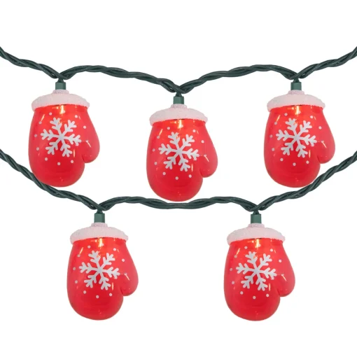10 Count Red Snowflake Mitten Christmas Light Set, 7.5ft Green Wire Novelty