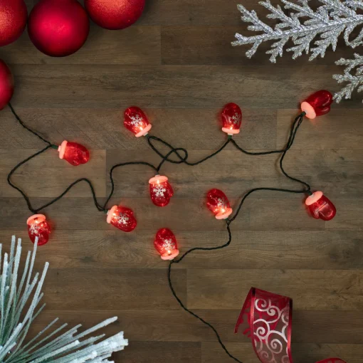 10 Count Red Snowflake Mitten Christmas Light Set, 7.5ft Green Wire Novelty