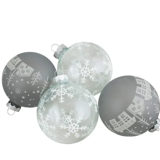New 4 ct Gray and Clear Glass Ball Hanging Christmas Ornaments 3.25-Inch (80mm) Glass|Ball Ornaments