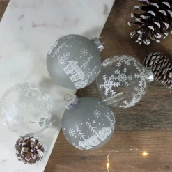 New 4 ct Gray and Clear Glass Ball Hanging Christmas Ornaments 3.25-Inch (80mm) Glass|Ball Ornaments